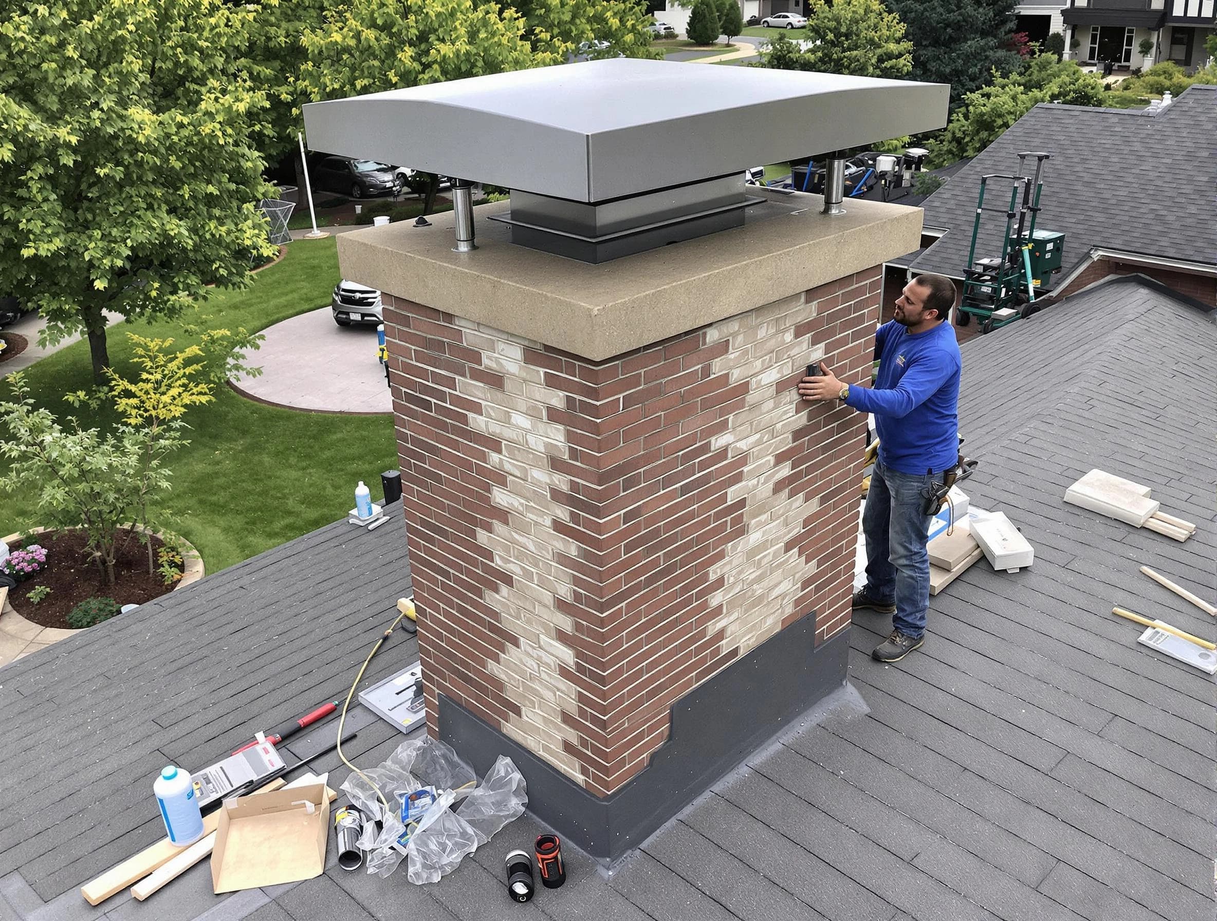 Woonsocket Chimney Sweep team working on a custom chimney remodel in Woonsocket, RI