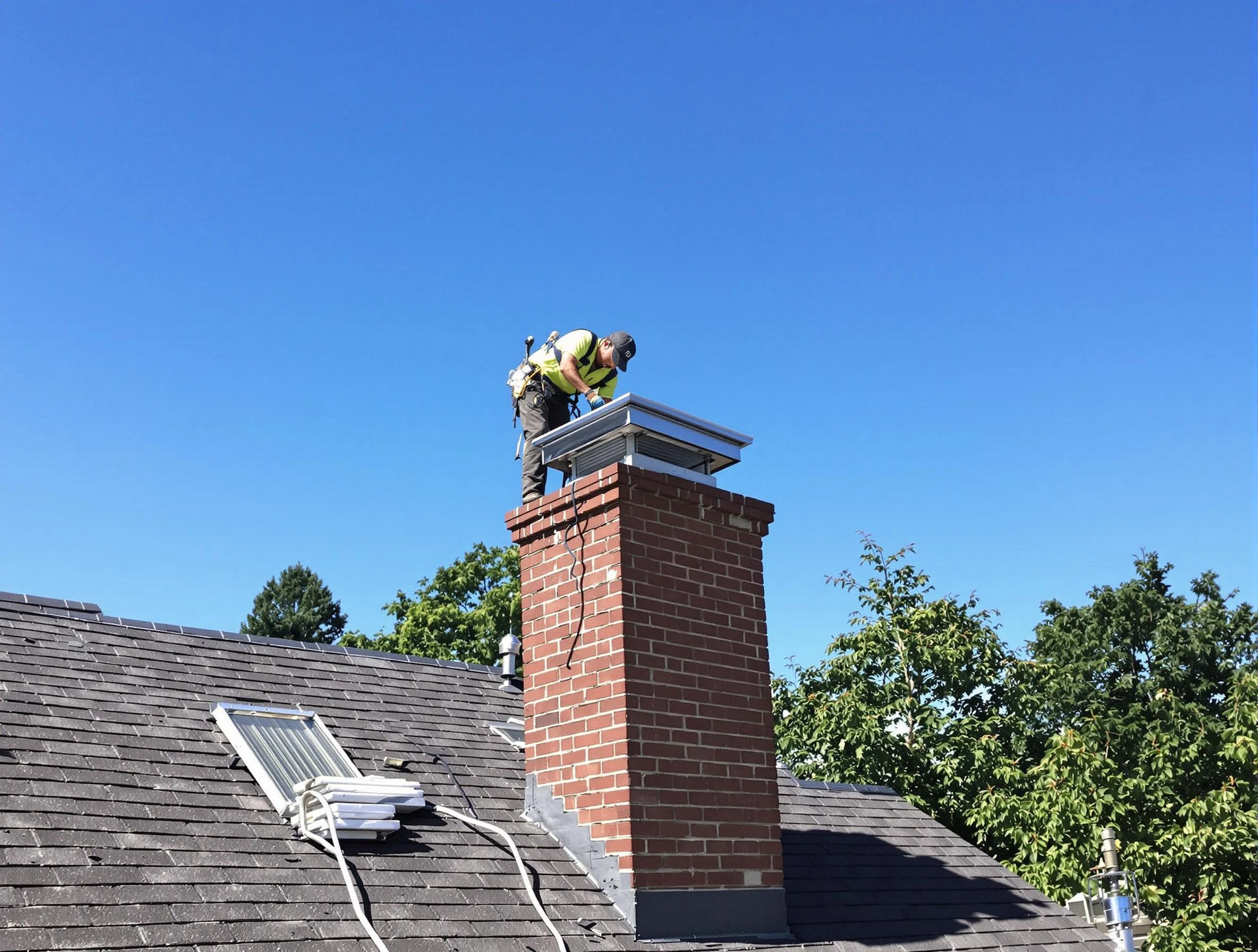 Woonsocket Chimney Sweep technician measuring a chimney cap in Woonsocket, RI